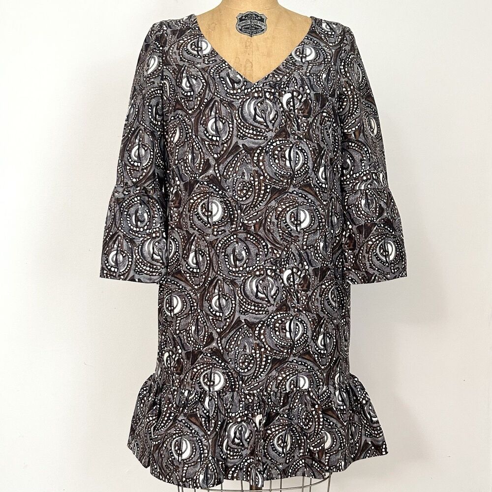 Tibi Silk Dress Brown Paisley Drop Waist 3/4‎ Sleeve Womens Size 6